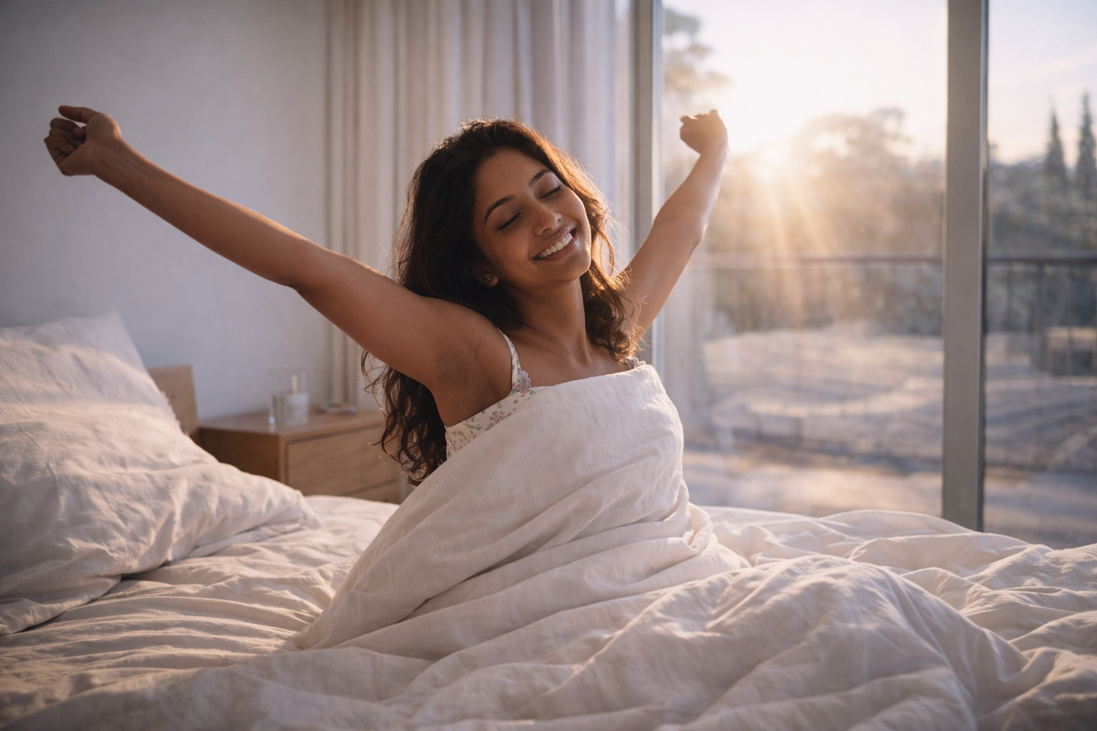 Waking up refreshed after a great night's sleep